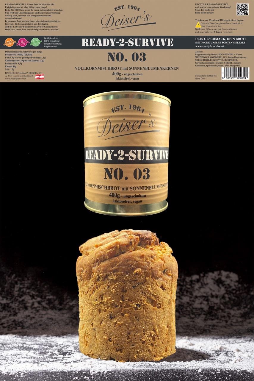 READY-2-SURVIVE NO. 03 Pane misto integrale - pane in scatola - 12 lattine / 4,8 kg intero, senza lattosio, vegano