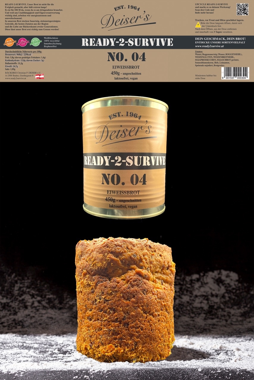 READY-2-SURVIVE No. 04 Eiweißbrot - Dosenbrot - 12 Dosen /  5.4 kg ungeschnitten, laktosefrei, vegan