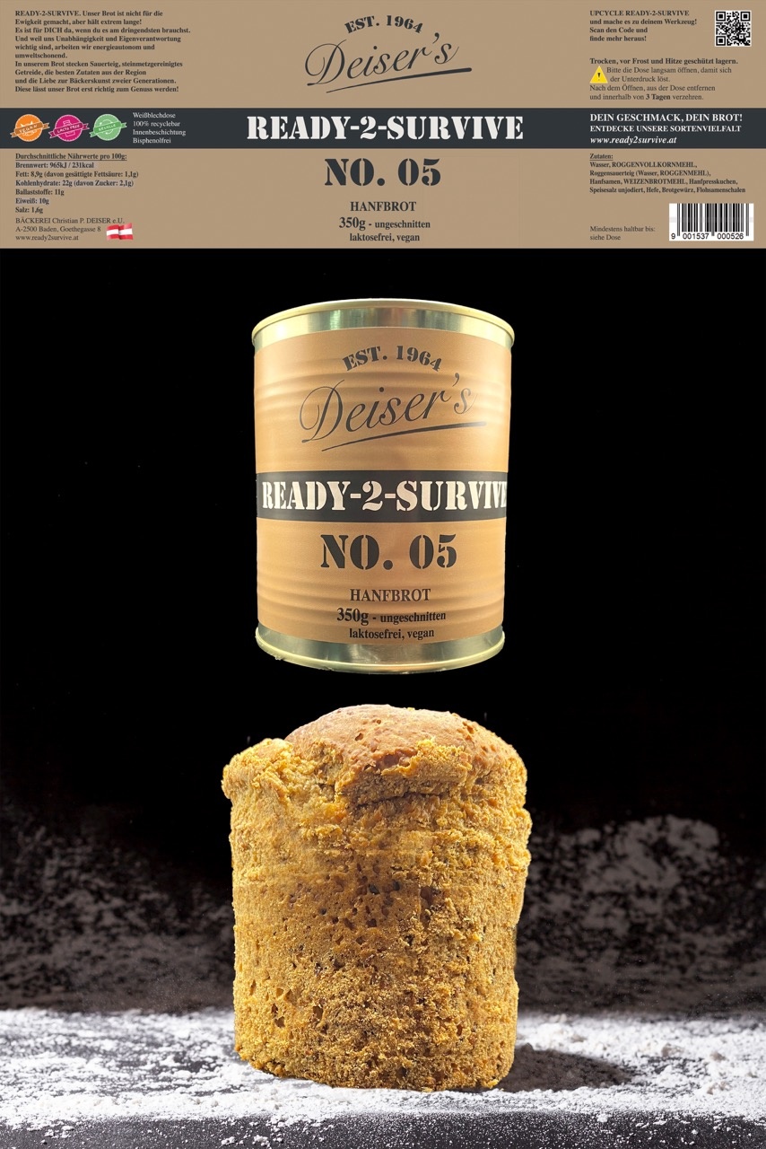 READY-2-SURVIVE No. 05 Hemp bread - canned bread - 12 cans / 4.2 kg unsliced, lactose-free, vegan