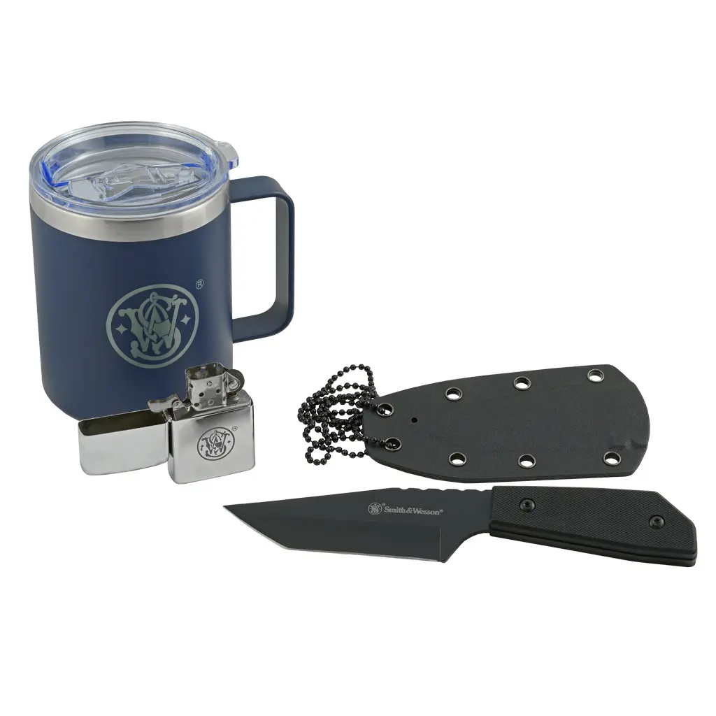 Smith & Wesson Kit de camping: cuchillo Tanto, taza térmica y encendedor de gasolina.