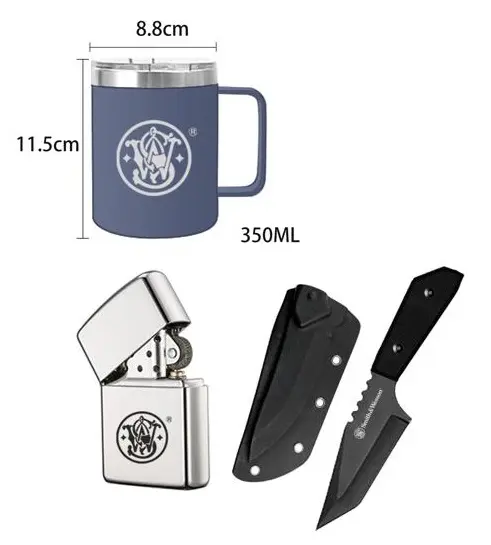 Smith & Wesson Kit de camping: cuchillo Tanto, taza térmica y encendedor de gasolina.