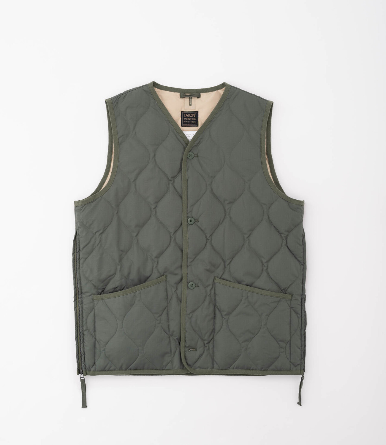 Military Button V Neck Down Vest - Olive