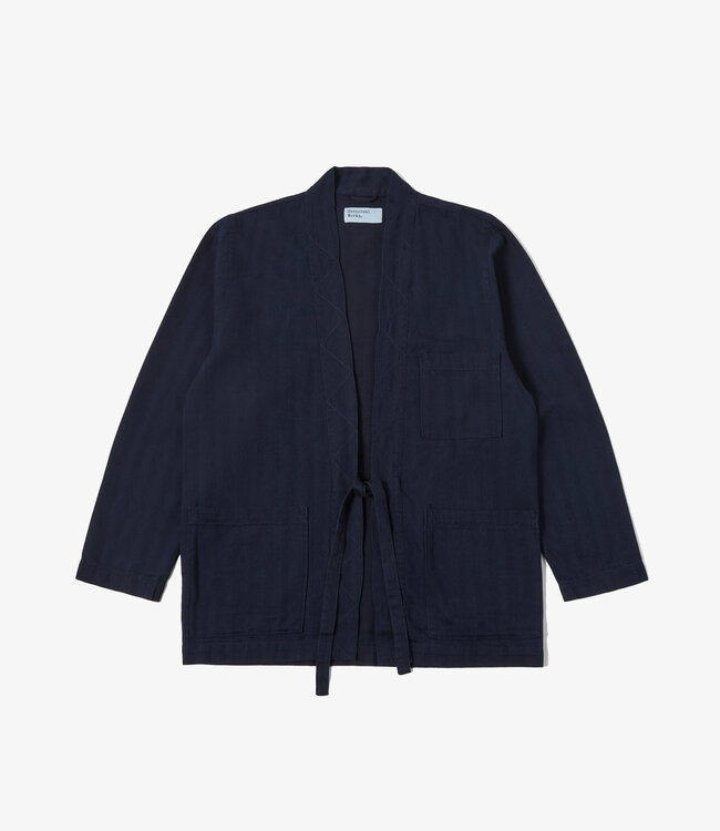 Universal Works Tie front jacket - herringbone denim indigo