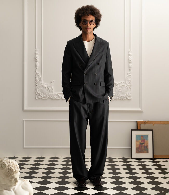 A Kind of Guise Double-Breasted Peak Blazer - black pinstripe