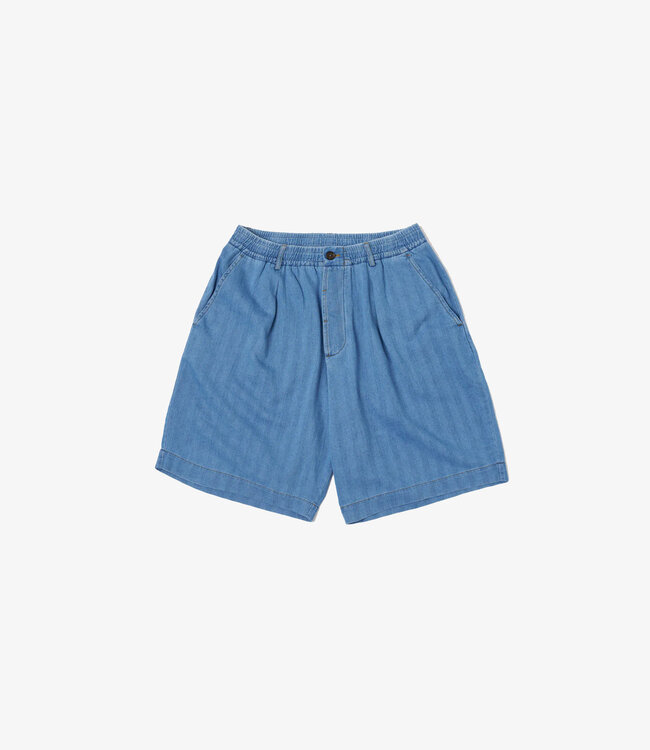 Universal Works Pleated track short herringbone - Washed indigo