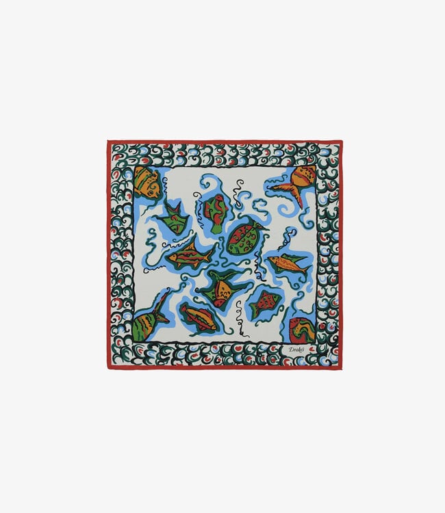Drake's Fish Print Pocket Square - Ecru