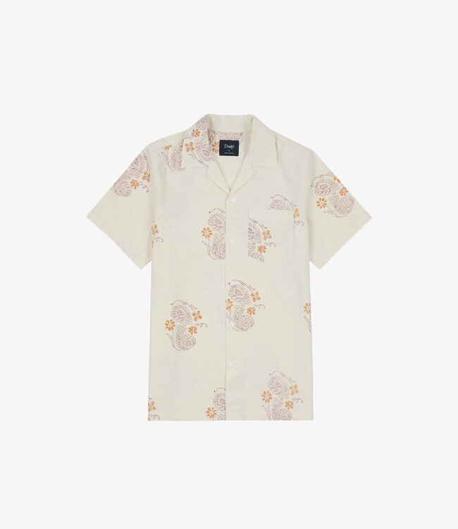 Drake's Floral Blk Print SS Camp Collar - Off W/Burg