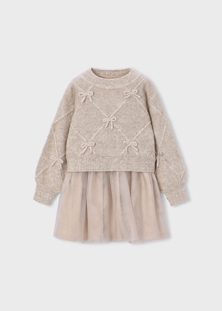 Mayoral 4927 Knit dress with bows 037 beige