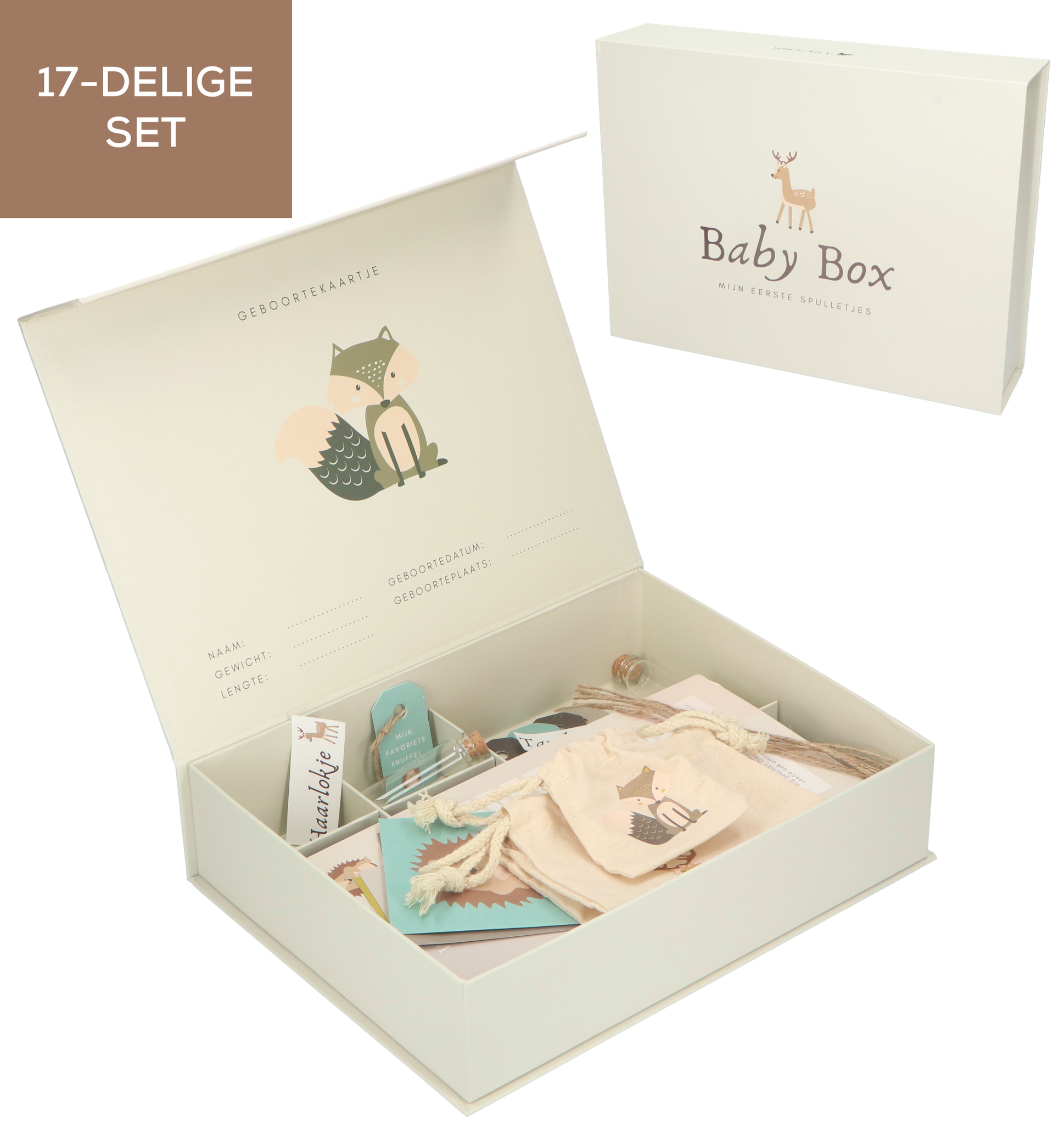 Baby Memory Box Herinneringsdoos een prachtige Baby Geschenkset, Babyshower en Kraamcadeau - 17-delig - 30 x 20 x 9 cm - Lichtgroen/zand