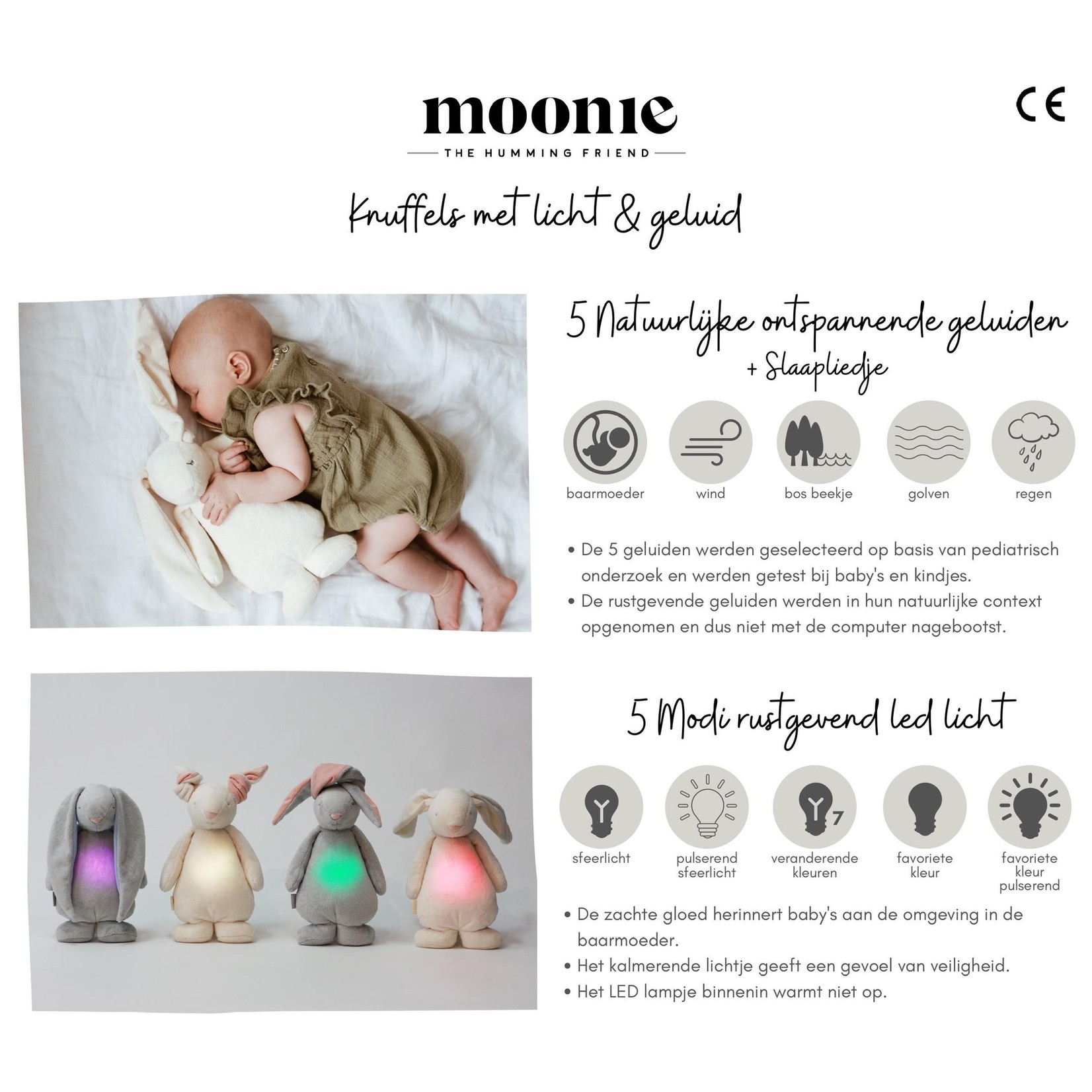 Moonie The Humming Bear Cream | 28 cm | Hartslag en ruis knuffel met huilsensor en licht