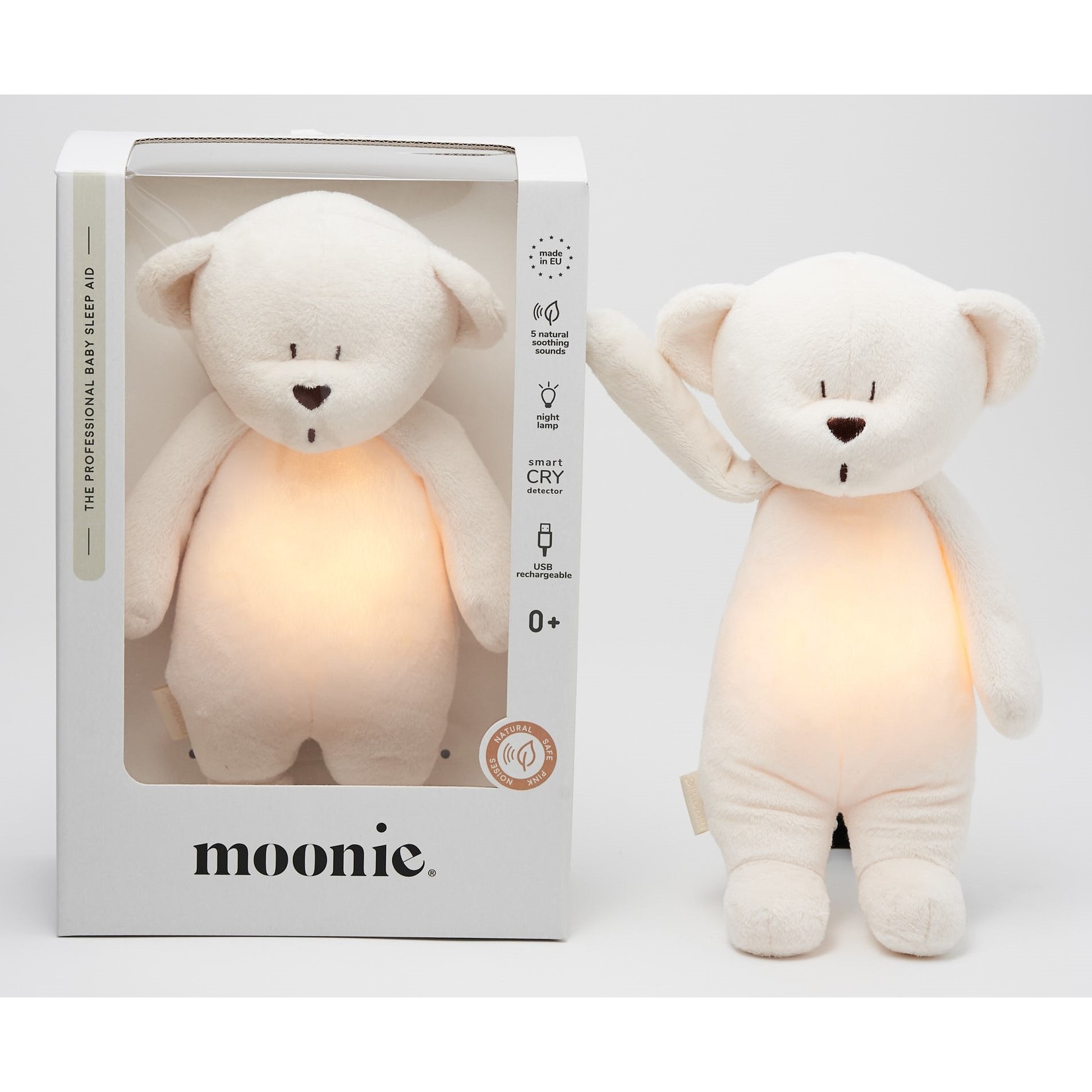 Moonie The Humming Bear Cream | 28 cm | Hartslag en ruis knuffel met huilsensor en licht