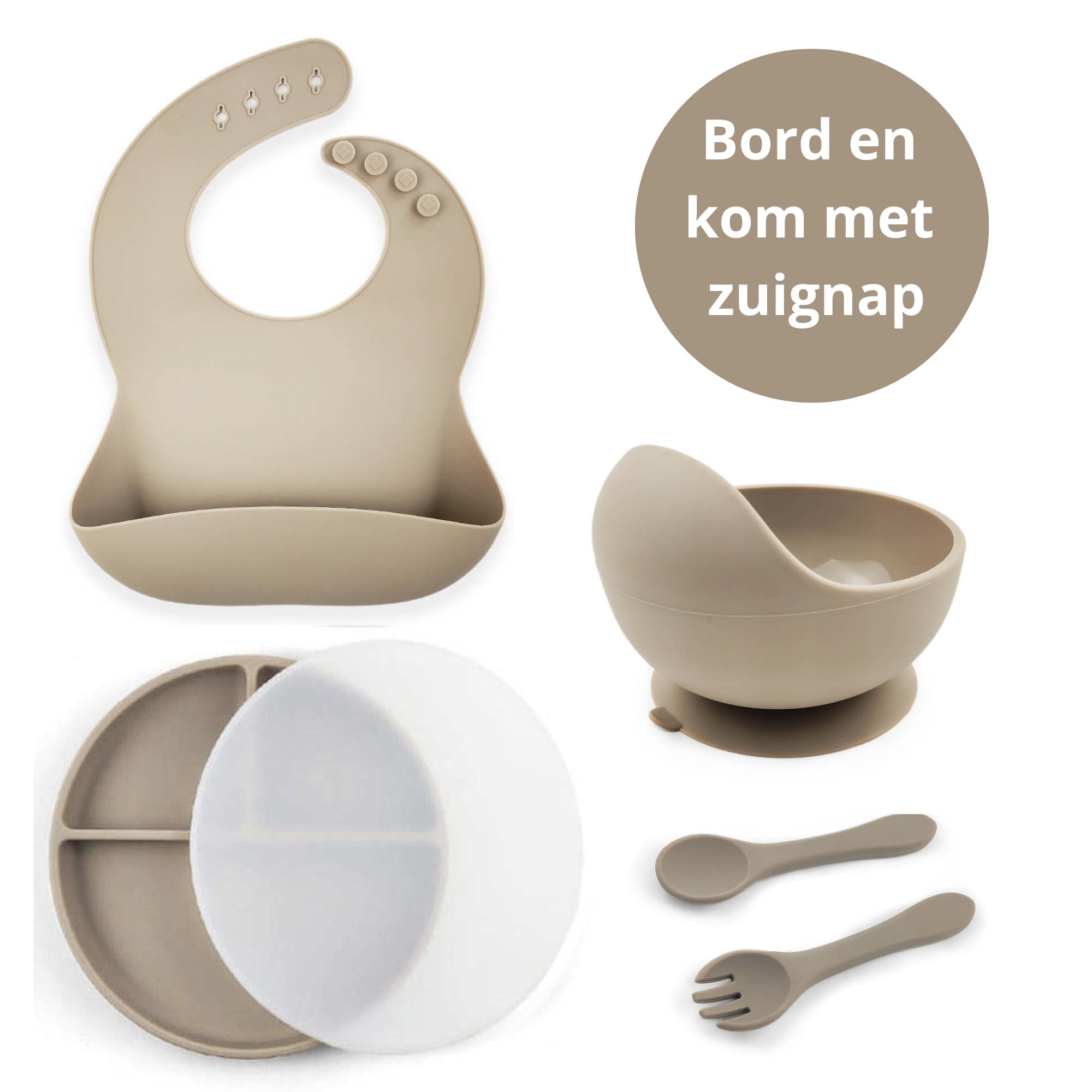 Ik Ben Zo Mooi Onbreekbaar Siliconen Kinderservies met Zuignap Bordje voor Baby en Kind - Set van 6 stuks - Doeskin Zand afbeelding