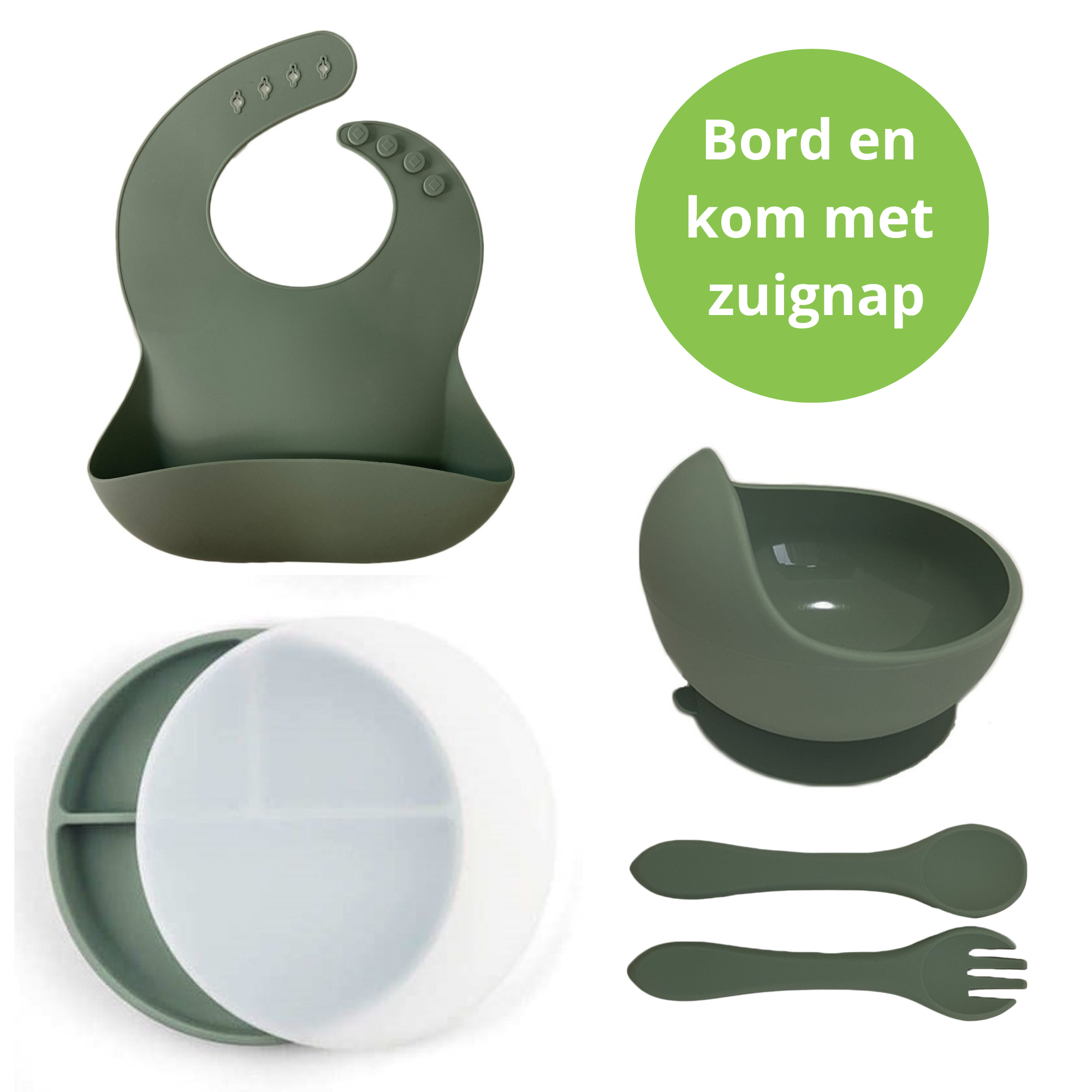 Ik Ben Zo Mooi Onbreekbaar Siliconen Kinderservies met Zuignap Bordje voor Baby en Kind - Set van 6 stuks - Sage Groen afbeelding