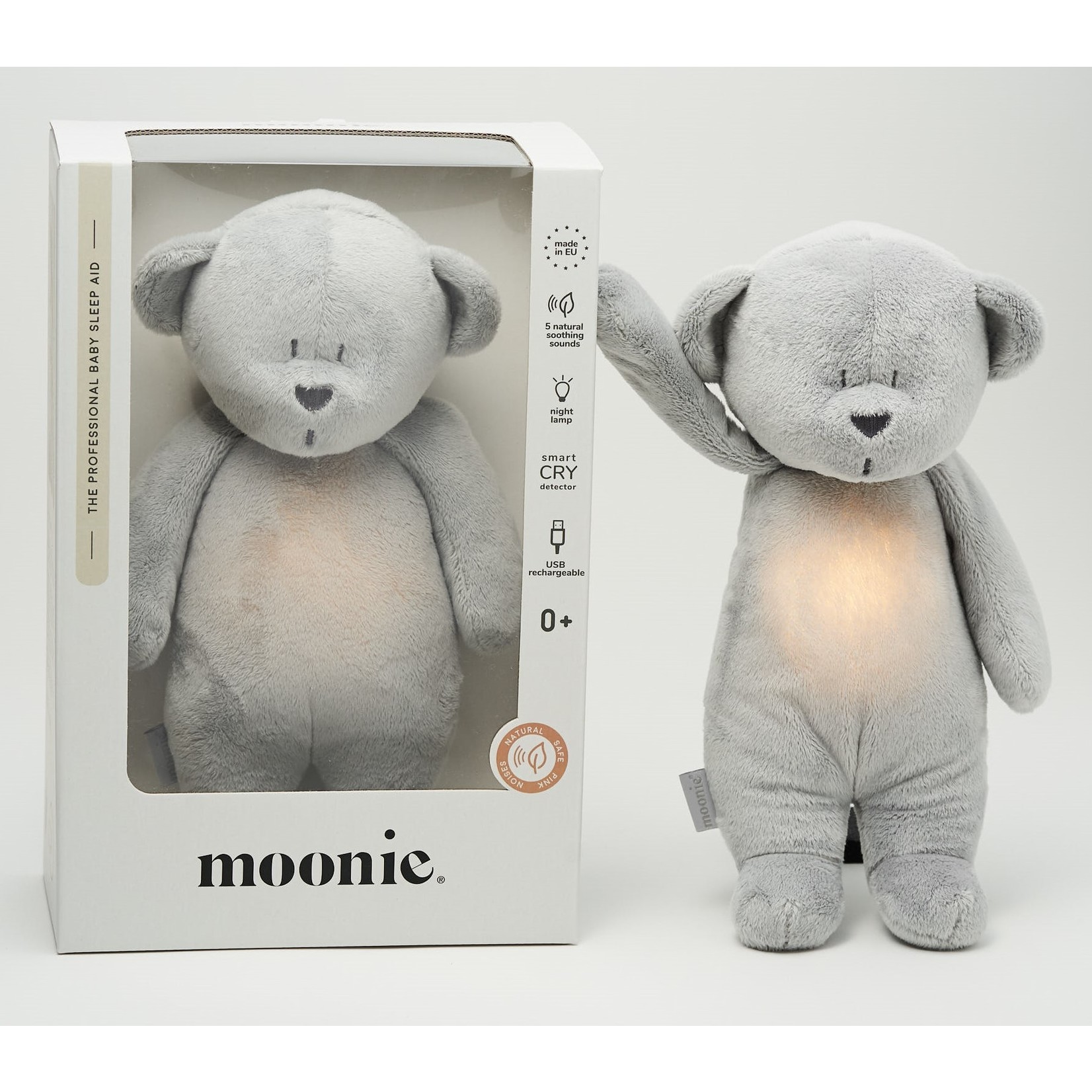 Moonie The Humming Bear Zilver | 28 cm | Hartslag en ruis knuffel met huilsensor en licht