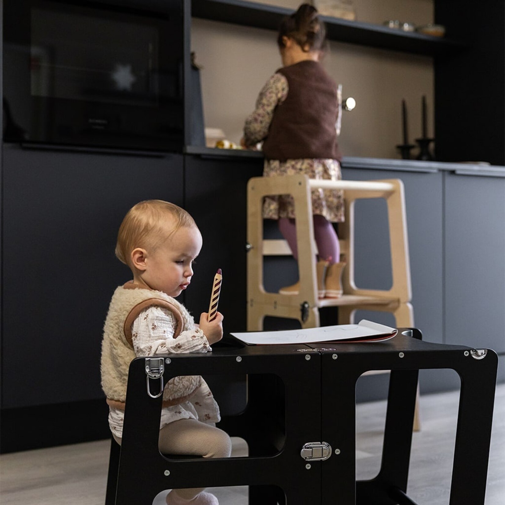 Houten montessori leertoren 2-in-1 houtkleur