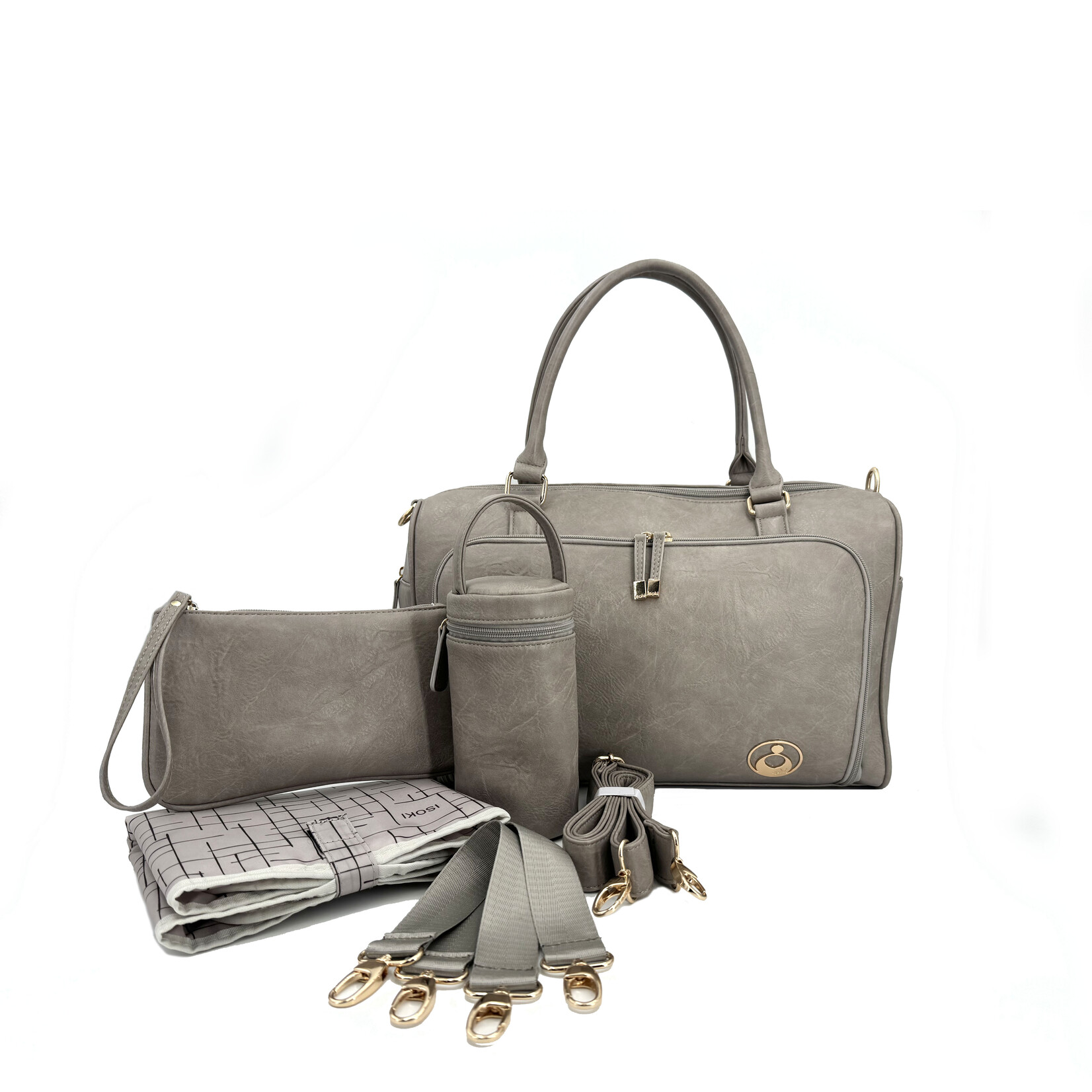 Isoki Double Zip Satchel - Luiertas - 5 delig -Stone - Kunstleer - 42 cm breed