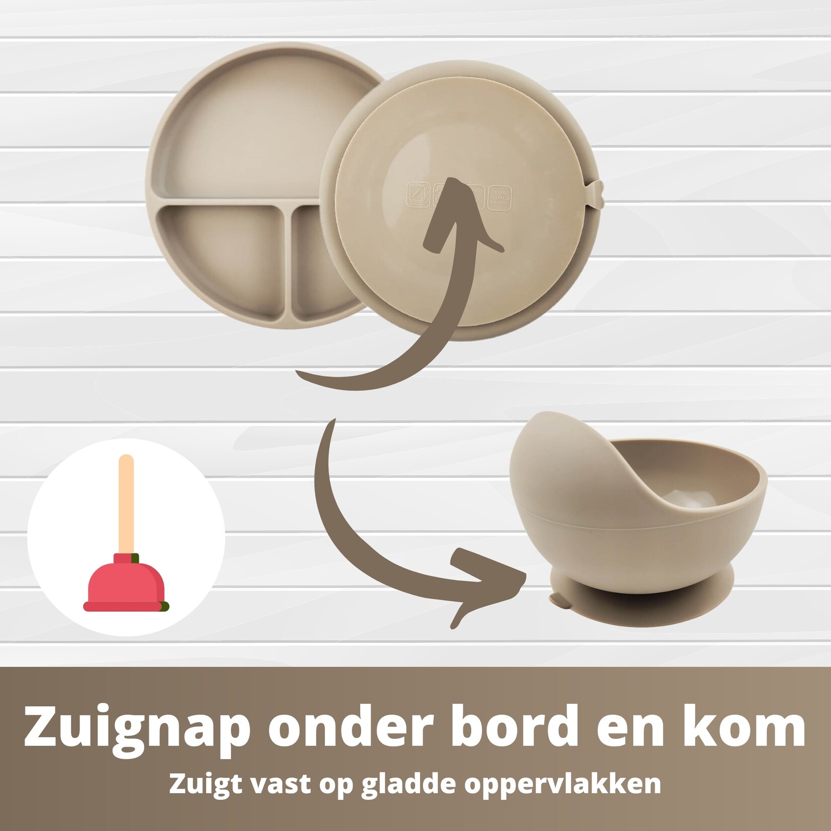 Ik Ben Zo Mooi  8-delige Siliconen Kinderservies set met Bord, Deksel en Kom met Zuignap - Doeskin zand
