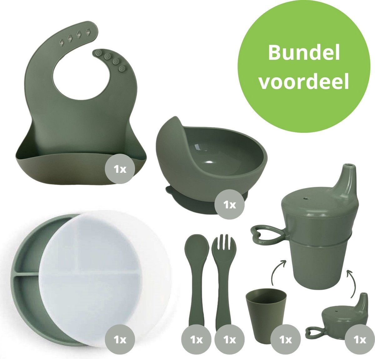 Ik Ben Zo Mooi 8-delige Siliconen Kinderservies set met Bord en Kom met Zuignap - Sage groen