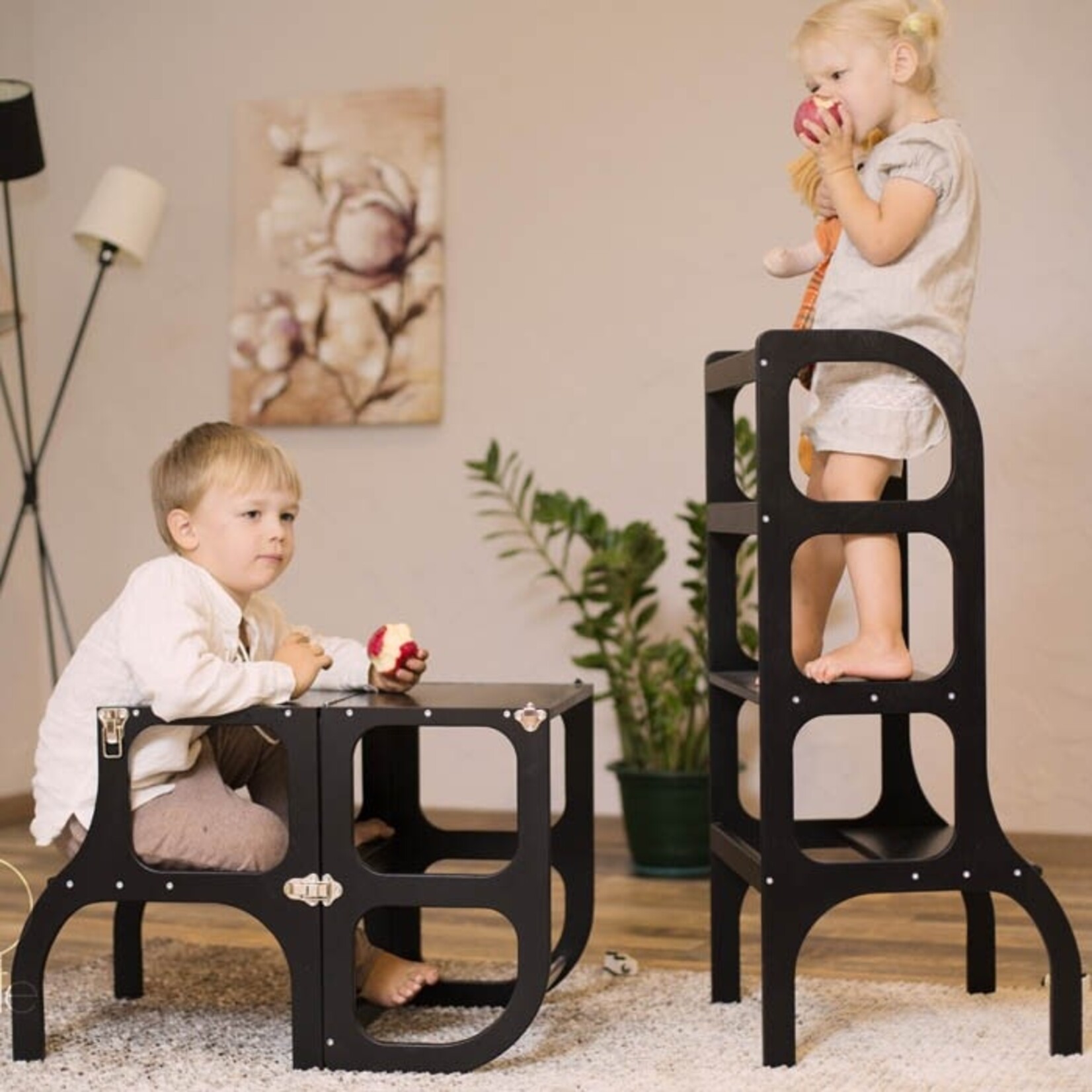 Ette Tete Leertoren Step'n Sit | Inklapbaar tot tafel en stoel | Zwart met zwarte clips en schroeven | RETOURDEAL