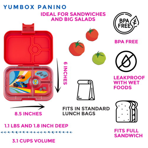 Yumbox Panino Bento Lunchbox 4 Compartments - Roar Red / Race Cars