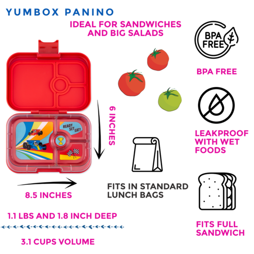 Yumbox Panino Lunchbox mit 4 Fächern - Roar Red / Race Cars