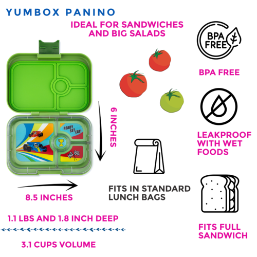 Yumbox Panino Bento Lunchbox 4 Compartments - Matcha Green / Race Cars