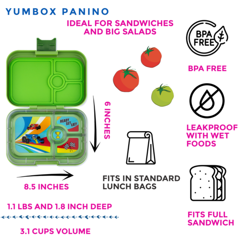 Yumbox Panino Lunchbox mit 4 Fächern - Matcha Grün / Race Cars