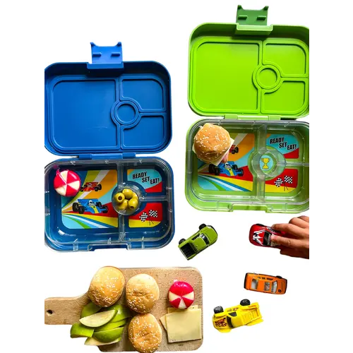 Yumbox Panino Bento Lunchbox 4 Compartments - Matcha Green / Race Cars