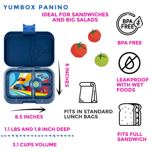 Yumbox Panino Bento Lunchbox 4 Compartments - Monte Carlo Blue / Race Cars