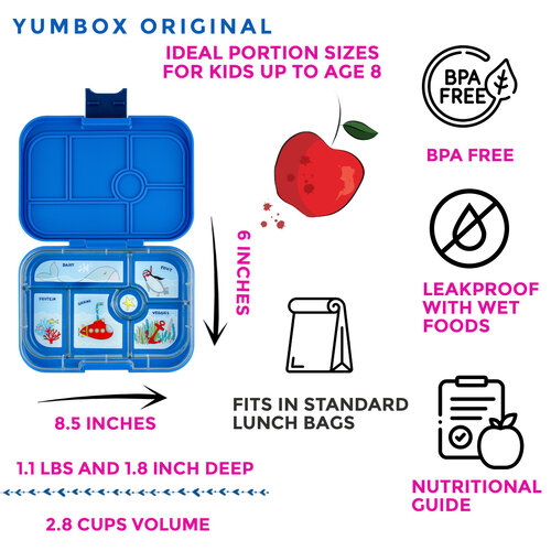 Yumbox Original Bento Lunchbox mit 6 Fächern - Surf Blue/Race Cars