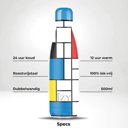 IZY RVS Drinkfles Thermosfles (500ml) - Piet Mondriaan