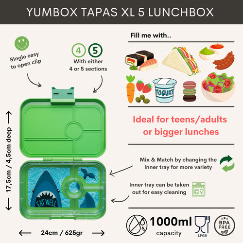 Yumbox Tapas XL Lunchbox 4 Vakken - Jurassic	Green/Shark