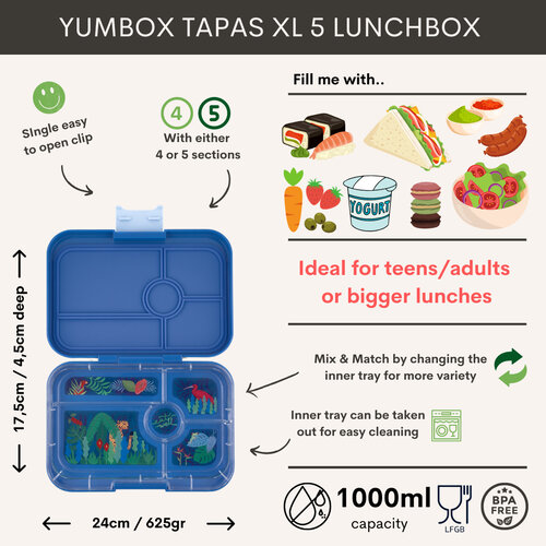 Yumbox Tapas XL Lunchbox mit 5 Fächern - Monte Carlo Blau/Dschungel