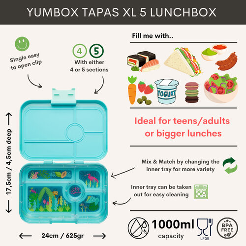 Yumbox Tapas XL Lunchbox mit 5 Fächern - Antibes Blau/Dschungel