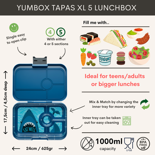 Yumbox Tapas XL Lunchbox 4 Compartments - Monte Carlo Blue/Shark