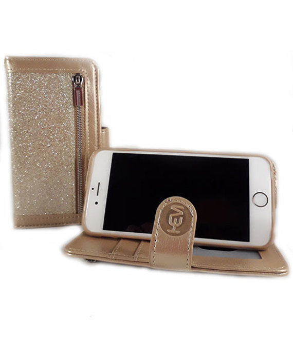 HEM HEM Apple iPhone 7 Plus/8 Plus - Magic Glitter Gold - Leren Rits Portemonnee Telefoonhoesje