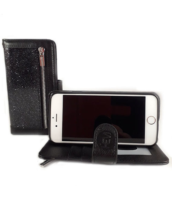 HEM HEM Apple iPhone 5 / 5s / SE (2016) - Magic Glitter Antique Black - Leren Rits Portemonnee Telefoonhoesje