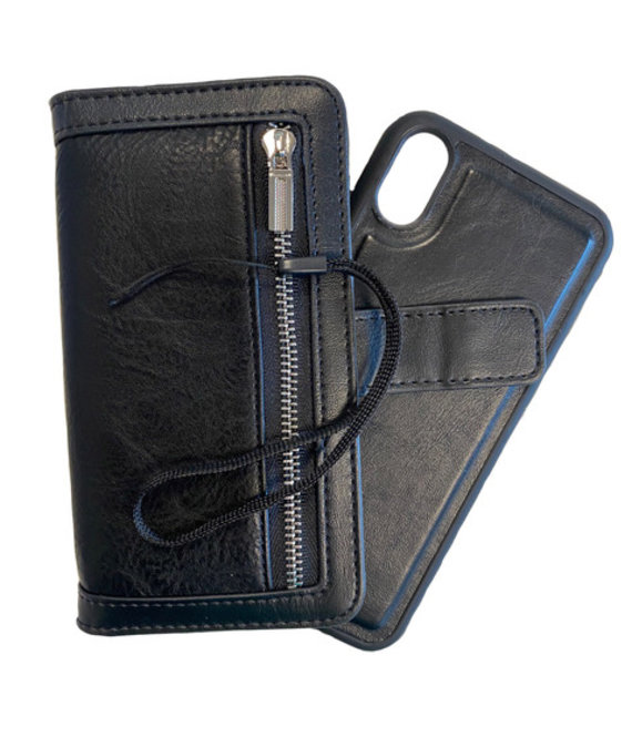 HEM HEM iPhone XR DOUBLE CATCH Zwarte Wallet met rits iPhone XR/ Book Case iPhone XR / Boekhoesje iPhone XR / Telefoonhoesje iPhone XR / Hoesje met pasjesflip en rits voor kleingeld en los magnetisch telefoonhoesje