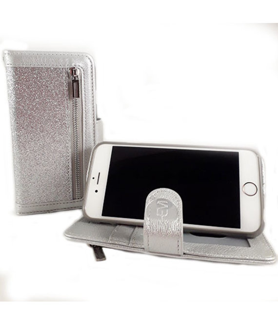 HEM HEM Apple iPhone 12 / 12 Pro - Magic Glitter Shiny Silver- Leren Rits Portemonnee Telefoonhoesje