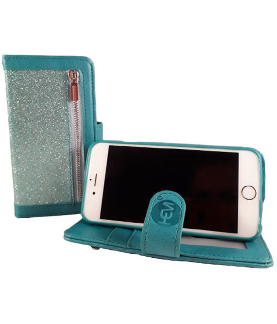 HEM HEM Apple iPhone 12 / 12 Pro - Magic Glitter Pure Turquoise - Leren Rits Portemonnee Telefoonhoesje