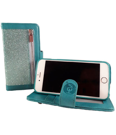 HEM HEM Leren Rits Portemonnee hoesje - iPhone 12 Pro Max - Magic Glitter Pure Turquoise