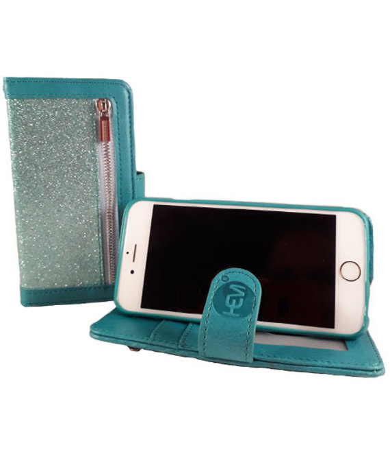 HEM HEM Apple iPhone 12 Pro Max - Magic Glitter Pure Turquoise - Leren Rits Portemonnee Telefoonhoesje