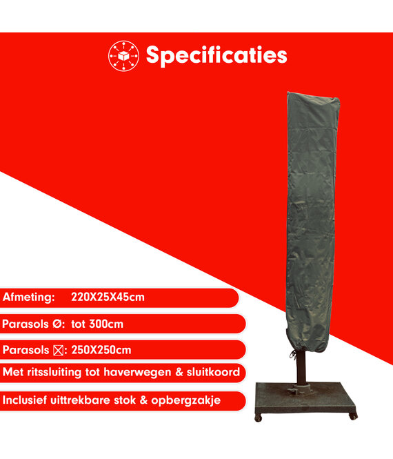 CUHOC Diamond topkwaliteit parasolhoes staande parasol- 220x25x45 cm - met Rits, Stok en Trekkoord incl. Stopper- Zilvergrijze Parasolhoes waterdicht - rond maximaal 3 meter - vierkant maximaal 2,5x2,5