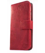 Suede look gevlamd rood boekhoesje iPhone 14/15 met vakje voor pasjes geld en een fotovakje en polsbandje