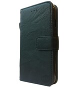 Suede look gevlamd zwart boekhoesje iPhone 14 Pro met vakje voor pasjes geld en een fotovakje en polsbandje