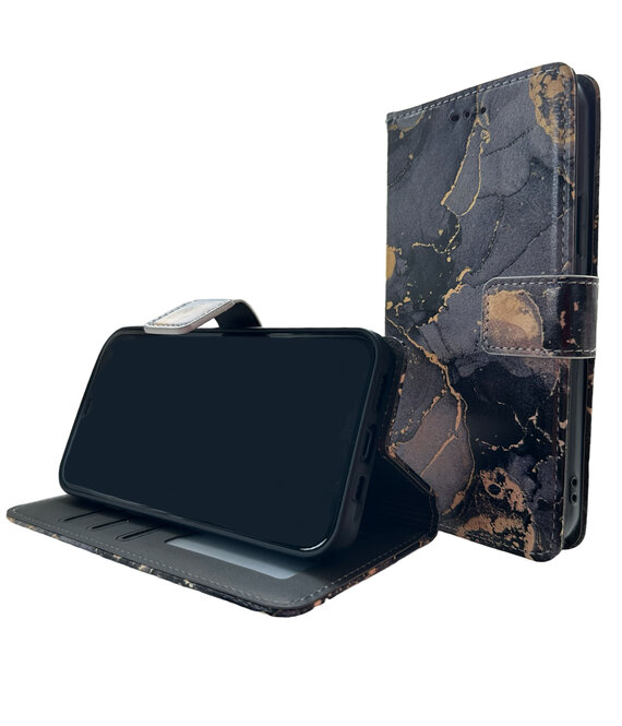 HEM HEM Stylish Book Case (geschikt voor 15 Pro) iPhone 15 Pro hoesje met 3 pasjesuitsnedes + fotovakje - Portemonneehoesje - pasjeshouder - Marble Blauw/Goud