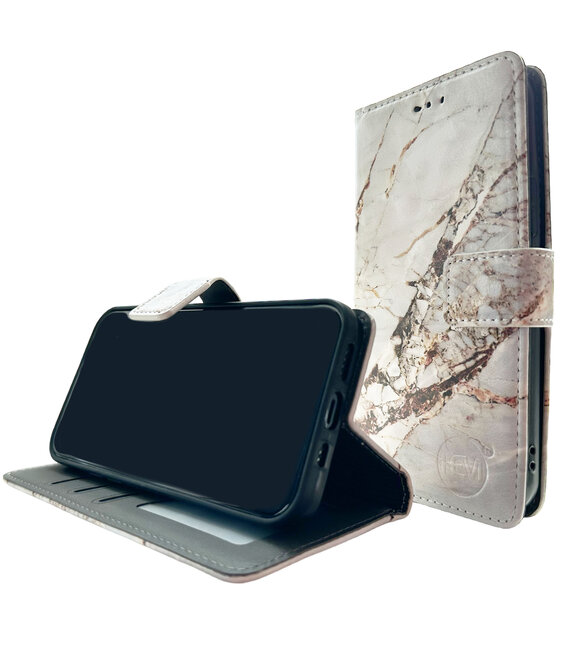 HEM HEM Stylish Book Case (geschikt voor 15 Pro) iPhone 15 Pro hoesje met 3 pasjesuitsnedes + fotovakje - Portemonneehoesje - pasjeshouder - Marble Wit/Goud