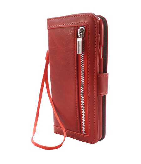 HEM HEM Boekhoesje met rits - Geschikt voor iPhone 15 Pro - Rode Wallet - Book Case - Boekhoesje - Telefoonhoesje - Hoesje iPhone 15 Pro aparte pasjesflip en rits voor kleingeld