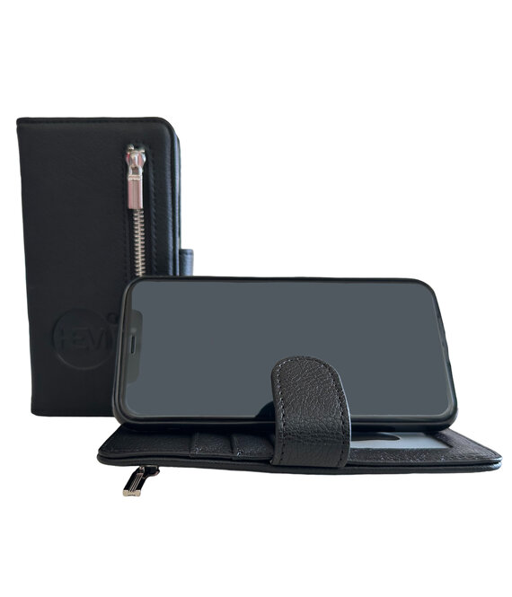 HEM Samsung Galaxy S22 - Antique Black Leren Rits Portemonnee Hoesje - Lederen Wallet Case TPU meegekleurde binnenkant- Book Case - Flip Cover - Boek - 360º beschermend Telefoonhoesje