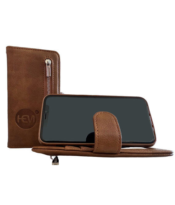 HEM Samsung Galaxy S22 Plus - Bronzed Brown Leren Rits Portemonnee Hoesje - Lederen Wallet Case TPU meegekleurde binnenkant- Book Case - Flip Cover - Boek - 360º beschermend Telefoonhoesje